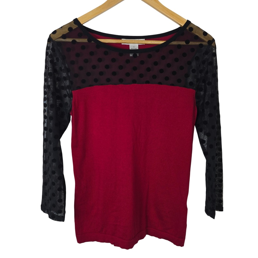 August Silk Red Black Polka Dot Mesh Yoke 3/4 Sleeve Sweater Top Womens Small
